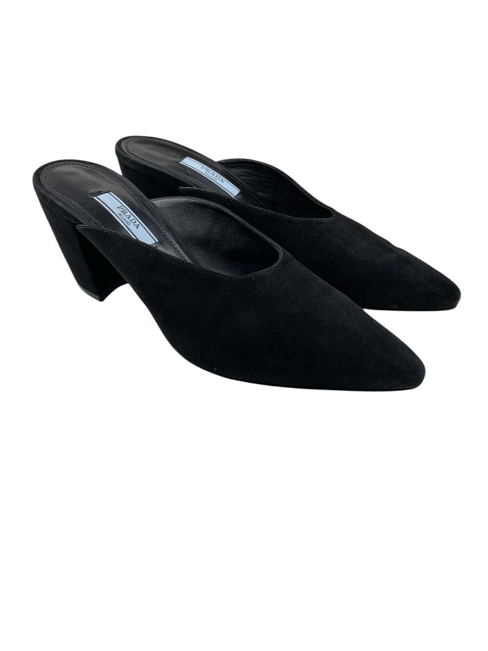 Prada Black Suede Mules Slip On Heels Shoes Pointed Toe Women's 37.5 US 7.5